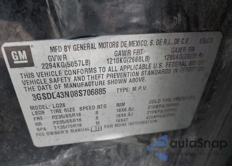 2008 Saturn Vue V6 Xe z USA, uszkodzony, nr VIN 3GSDL43N08S706885